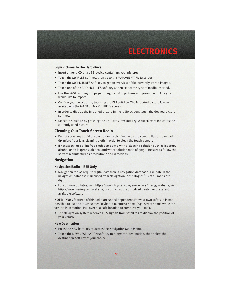 Cleaning your touch-screen radio, Navigation, Electronics | Dodge 2010 Avenger - Quick Reference Guide User Manual | Page 31 / 76