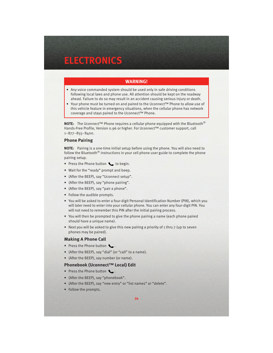 Phone pairing, Making a phone call, Phonebook (uconnect™ local) edit | Electronics, Warning | Dodge 2010 Avenger - Quick Reference Guide User Manual | Page 36 / 76