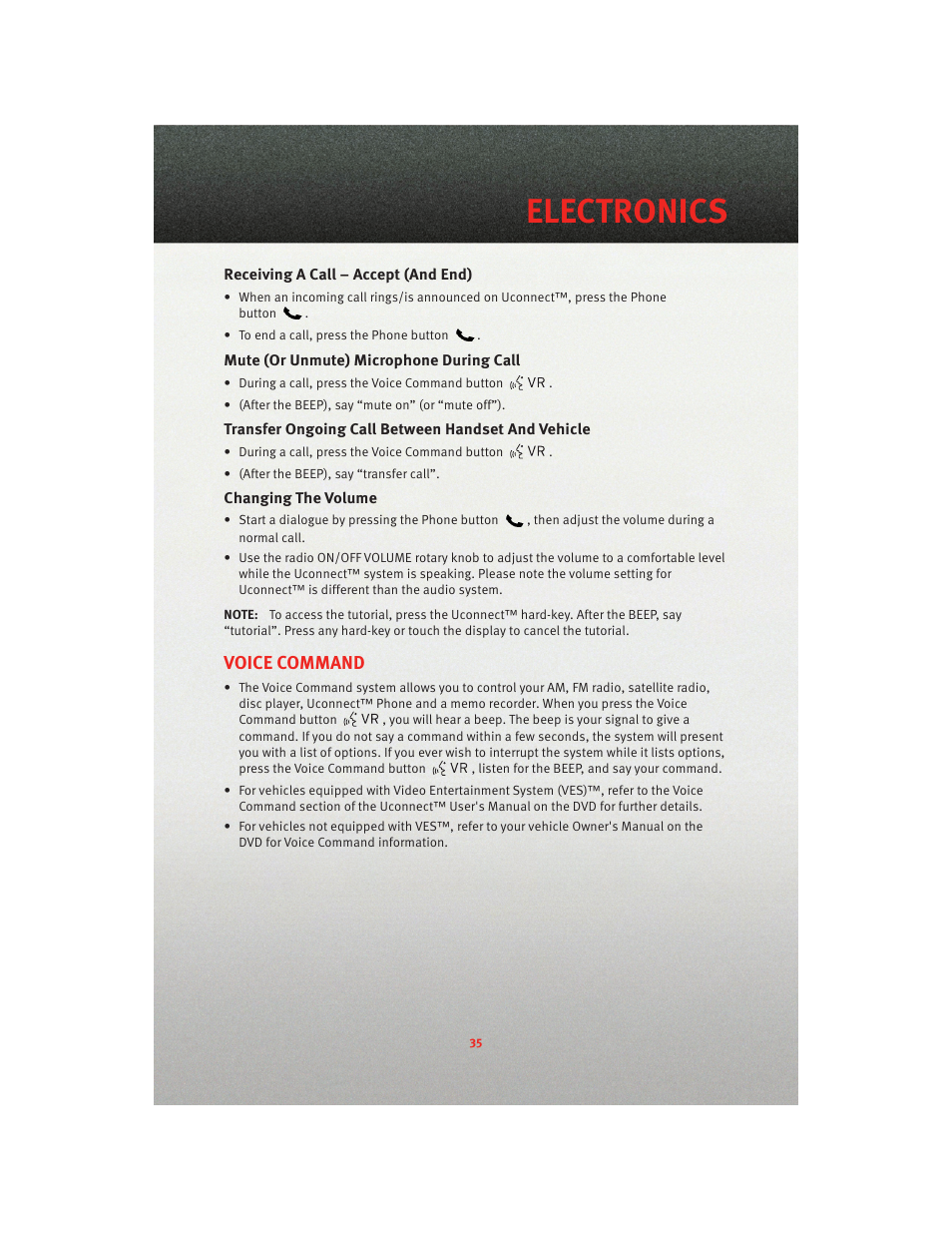 Receiving a call – accept (and end), Mute (or unmute) microphone during call, Transfer ongoing call between handset and vehicle | Changing the volume, Voice command, Electronics | Dodge 2010 Avenger - Quick Reference Guide User Manual | Page 37 / 76