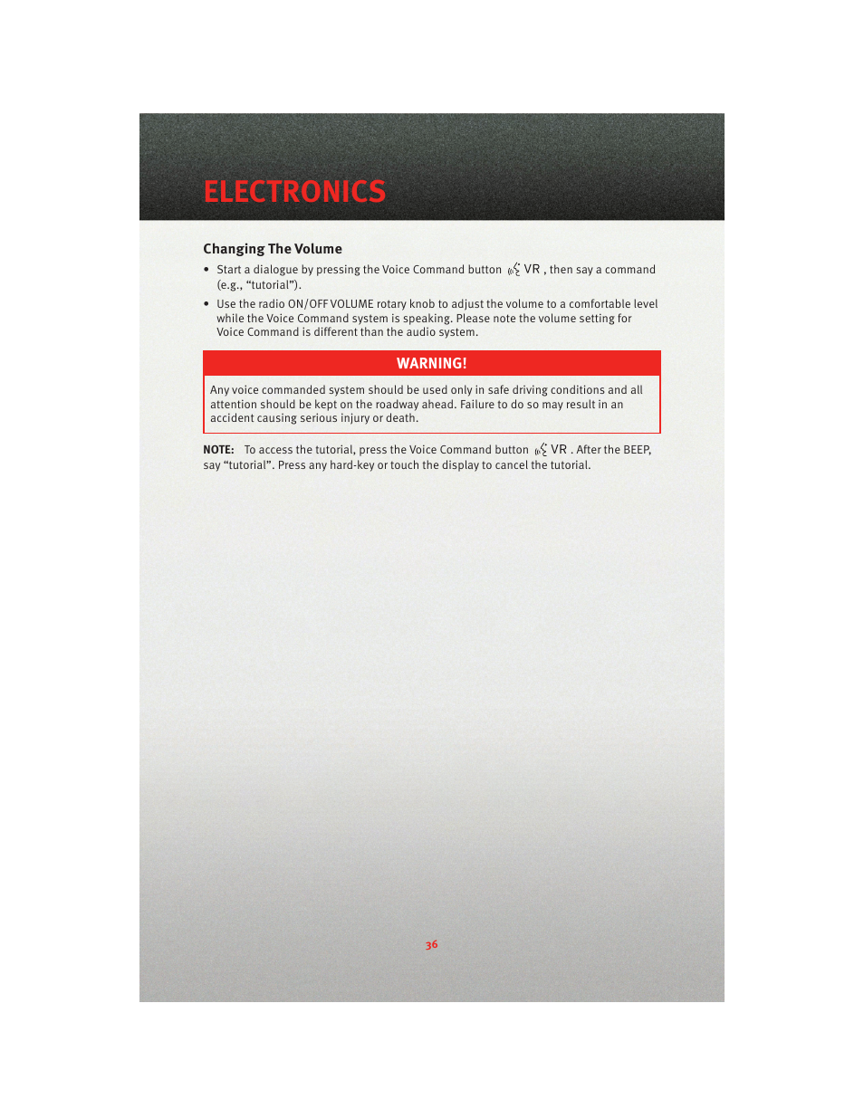 Changing the volume, Electronics | Dodge 2010 Avenger - Quick Reference Guide User Manual | Page 38 / 76