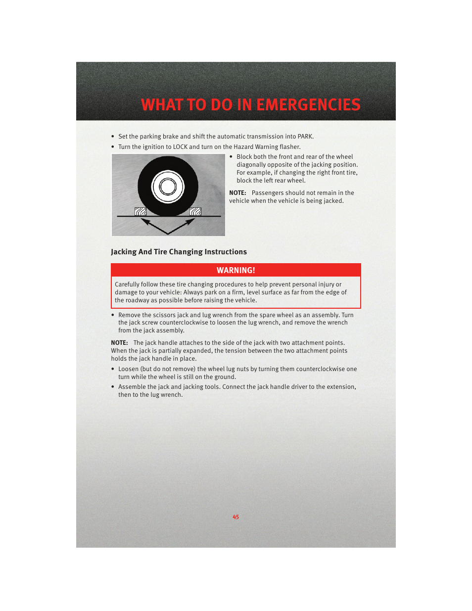 Jacking and tire changing instructions, What to do in emergencies | Dodge 2010 Avenger - Quick Reference Guide User Manual | Page 47 / 76