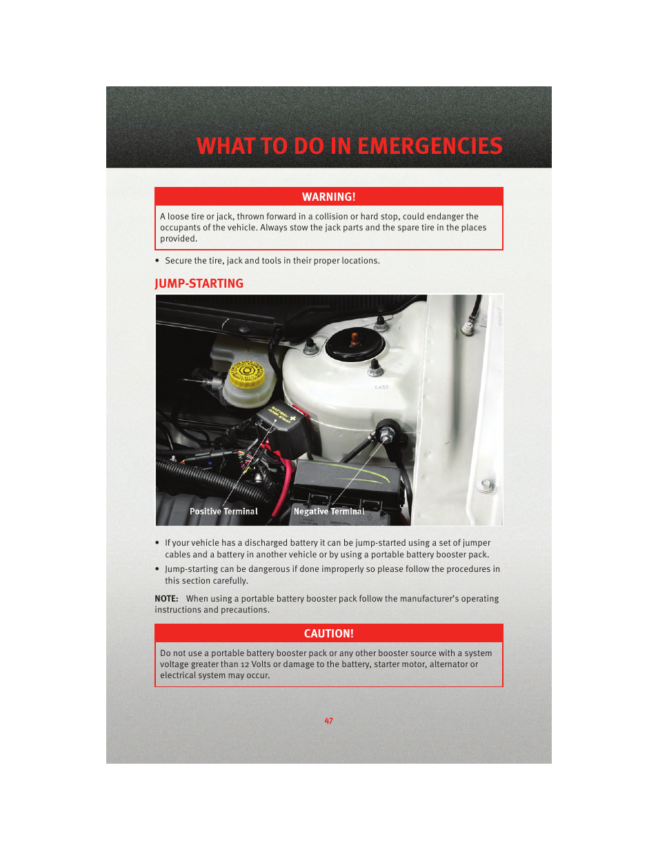 Jump-starting, What to do in emergencies | Dodge 2010 Avenger - Quick Reference Guide User Manual | Page 49 / 76