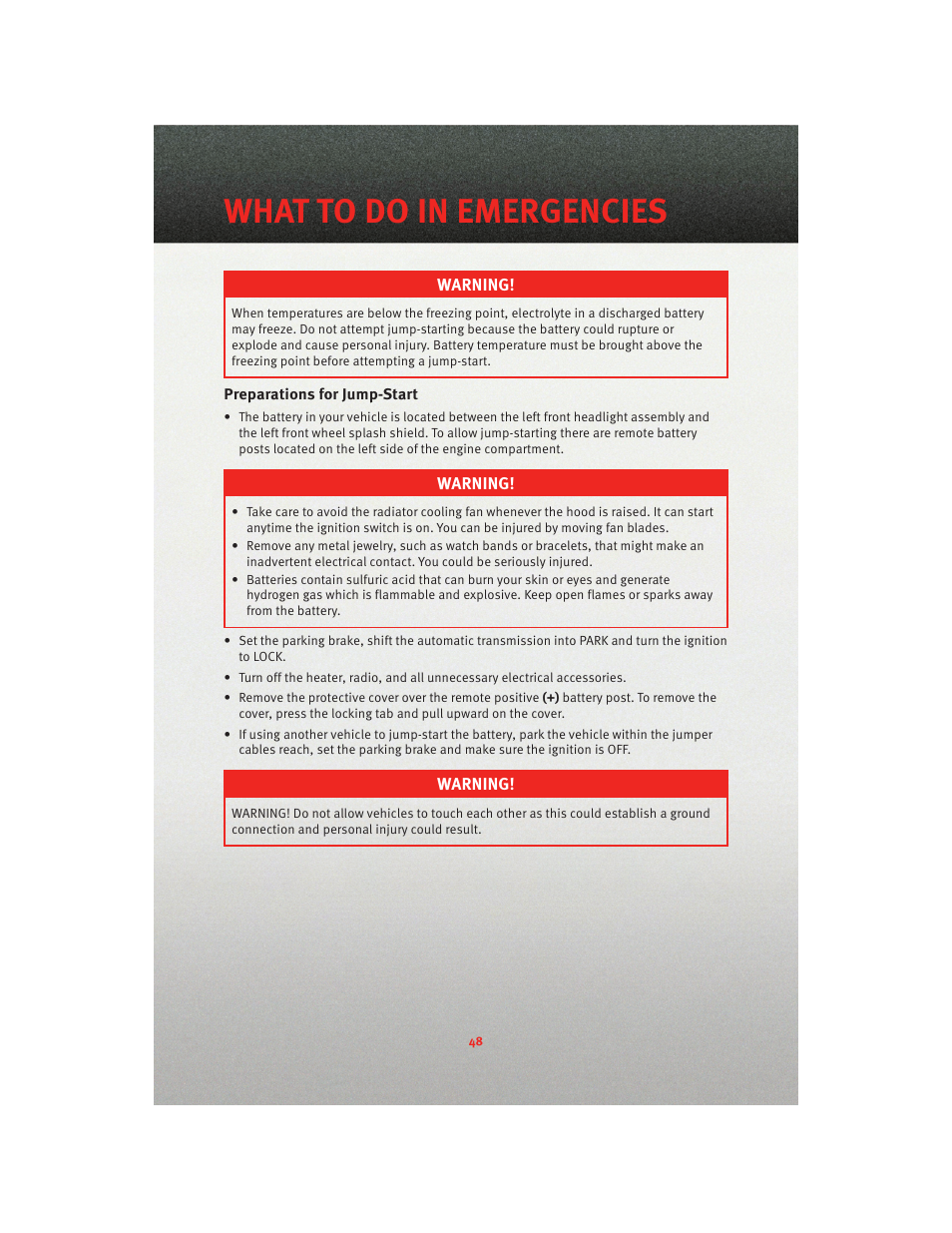 Preparations for jump-start, What to do in emergencies | Dodge 2010 Avenger - Quick Reference Guide User Manual | Page 50 / 76