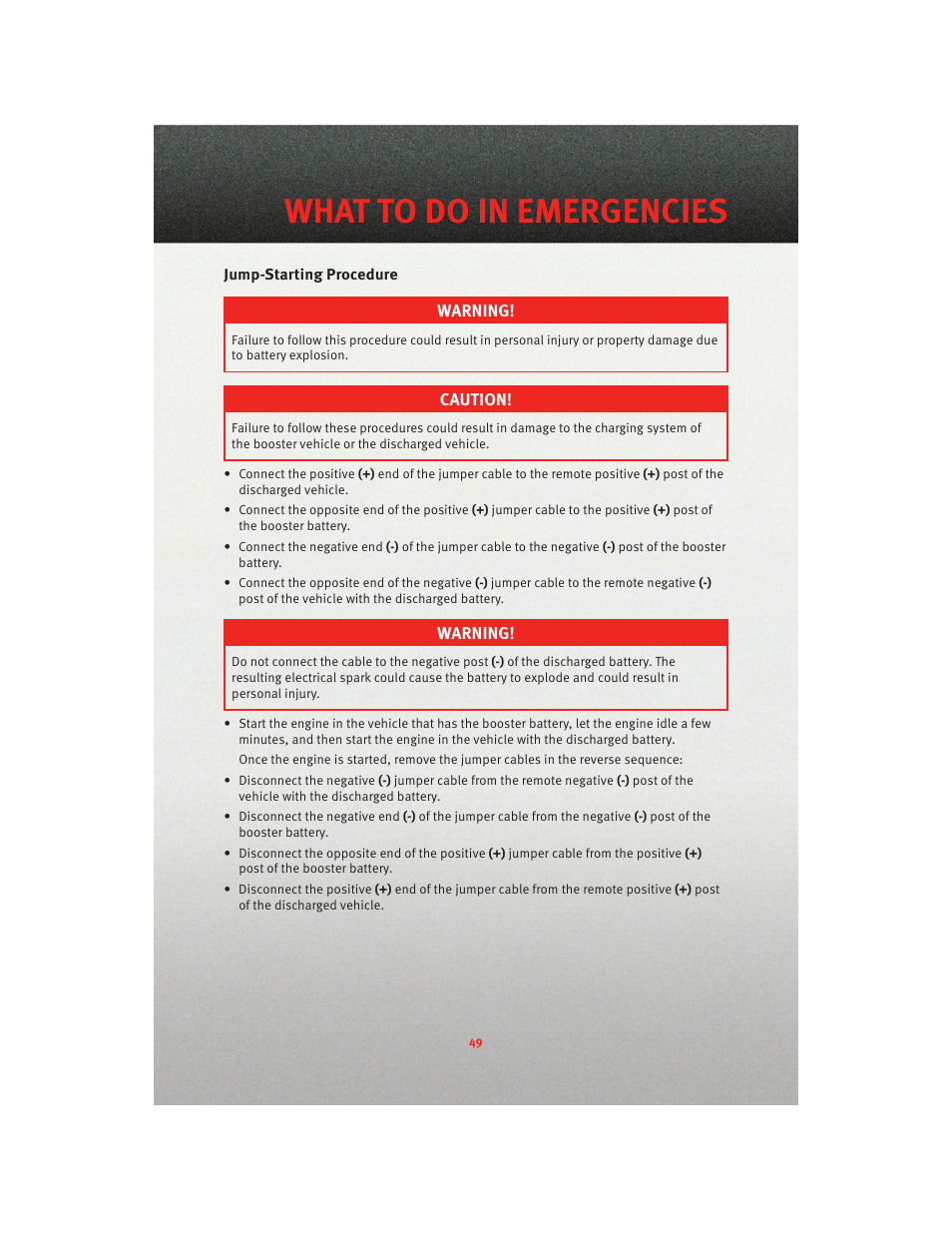 Jump-starting procedure, What to do in emergencies | Dodge 2010 Avenger - Quick Reference Guide User Manual | Page 51 / 76