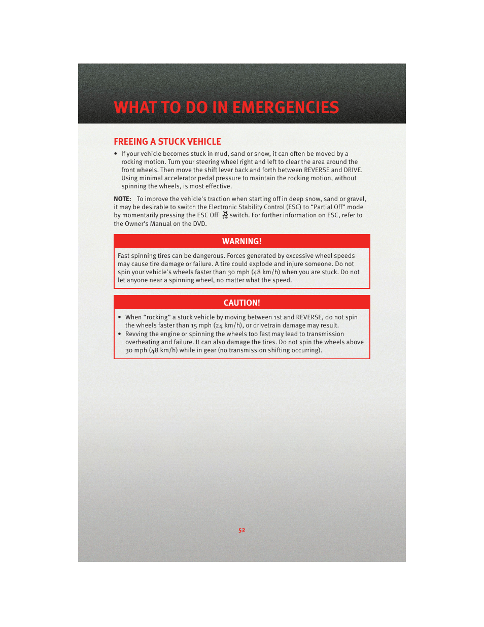 Freeing a stuck vehicle, What to do in emergencies | Dodge 2010 Avenger - Quick Reference Guide User Manual | Page 54 / 76