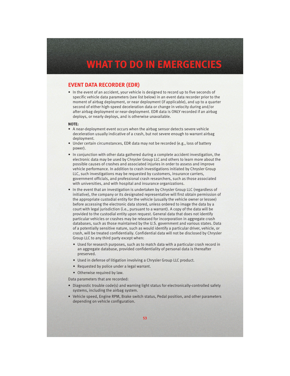 Event data recorder (edr), What to do in emergencies | Dodge 2010 Avenger - Quick Reference Guide User Manual | Page 55 / 76