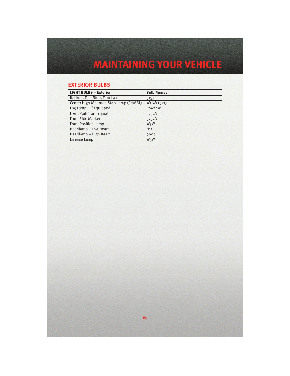 Exterior bulbs, Maintaining your vehicle | Dodge 2010 Avenger - Quick Reference Guide User Manual | Page 67 / 76