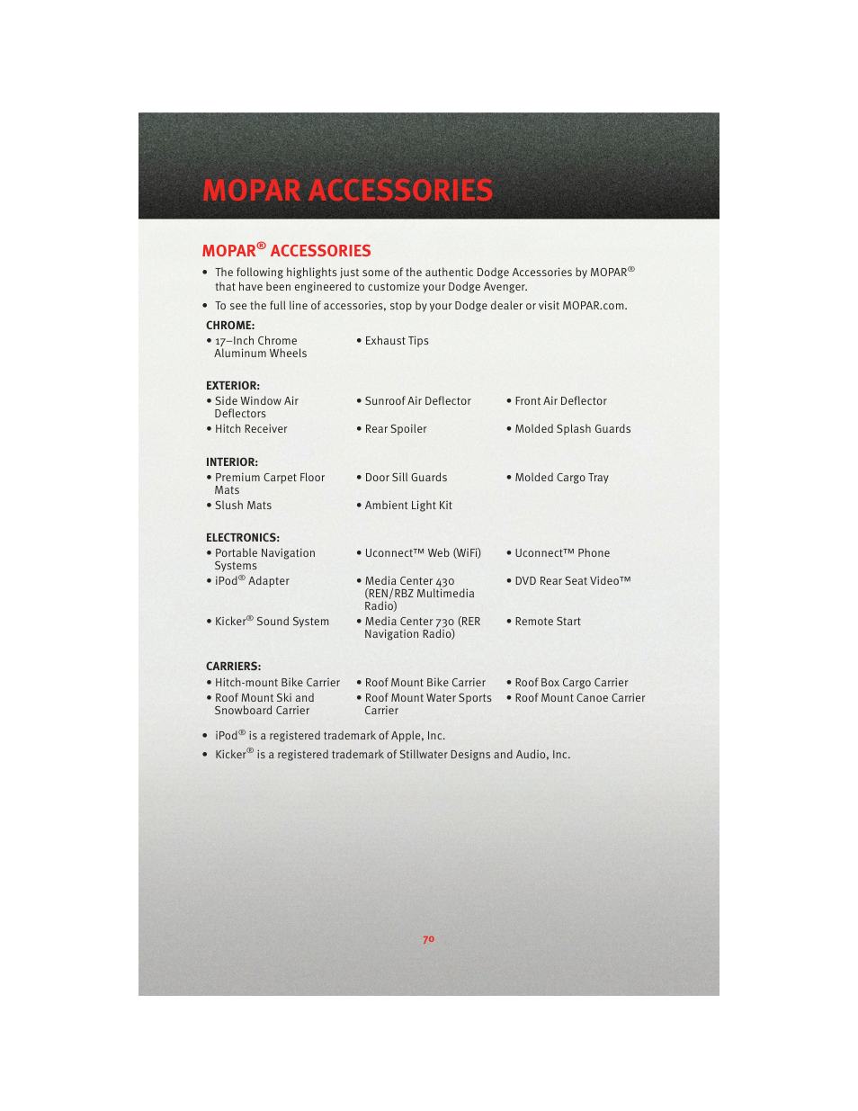 Mopar accessories, Mopar® accessories, Mopar | Accessories | Dodge 2010 Avenger - Quick Reference Guide User Manual | Page 72 / 76