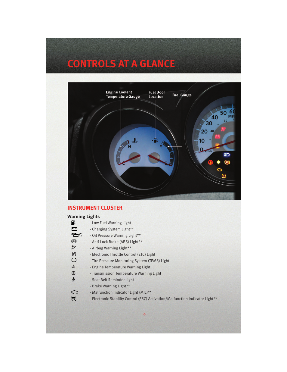 Instrument cluster, Warning lights, Controls at a glance | Dodge 2010 Avenger - Quick Reference Guide User Manual | Page 8 / 76