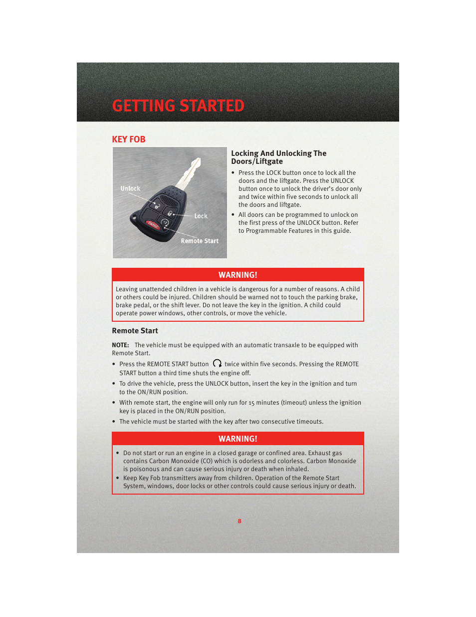 Getting started, Key fob, Locking and unlocking the doors/liftgate | Remote start | Dodge 2010 Caliber - Quick Reference Guide User Manual | Page 10 / 76