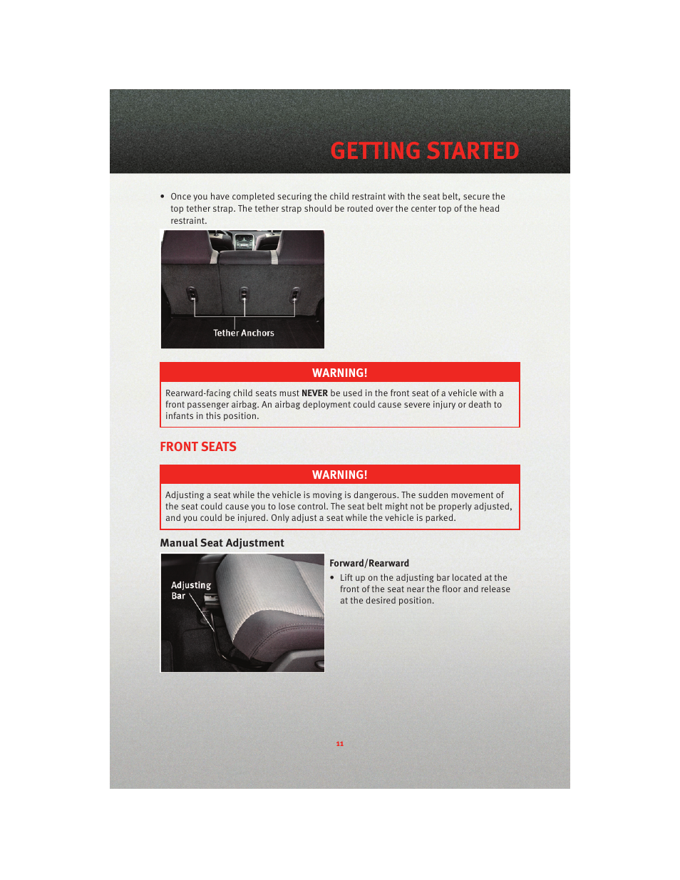 Front seats, Manual seat adjustment, Getting started | Dodge 2010 Caliber - Quick Reference Guide User Manual | Page 13 / 76