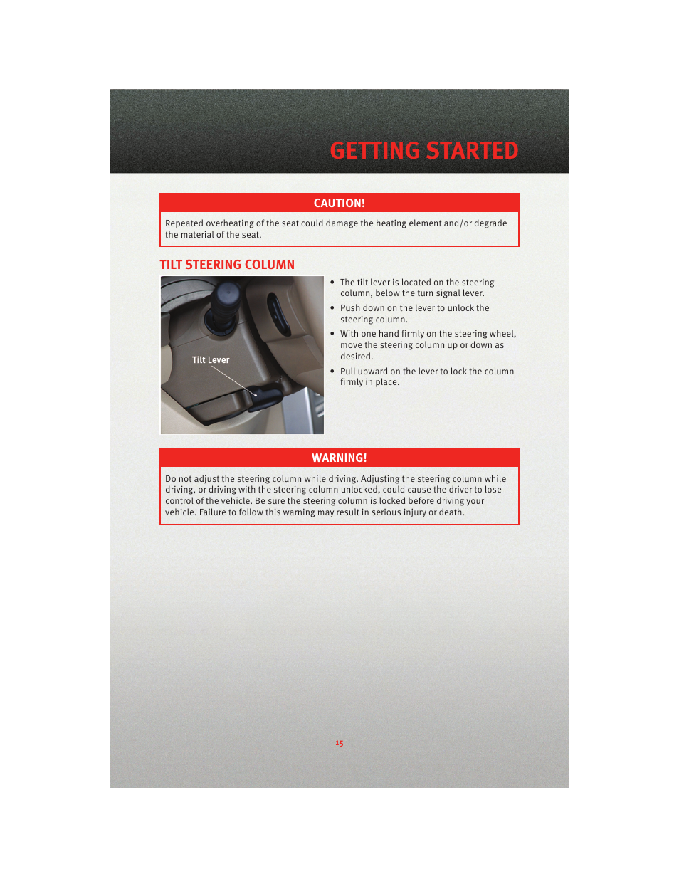 Tilt steering column, Getting started | Dodge 2010 Caliber - Quick Reference Guide User Manual | Page 17 / 76