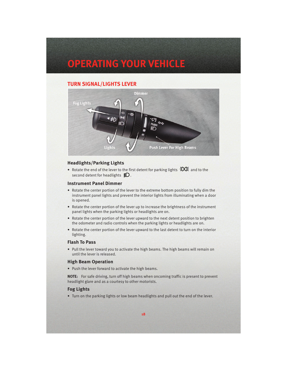 Operating your vehicle, Turn signal/lights lever, Headlights/parking lights | Instrument panel dimmer, Flash to pass, High beam operation, Fog lights | Dodge 2010 Caliber - Quick Reference Guide User Manual | Page 20 / 76