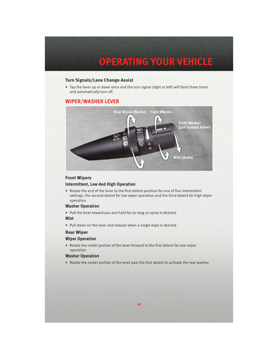 Turn signals/lane change assist, Wiper/washer lever, Front wipers | Rear wiper, Operating your vehicle | Dodge 2010 Caliber - Quick Reference Guide User Manual | Page 21 / 76