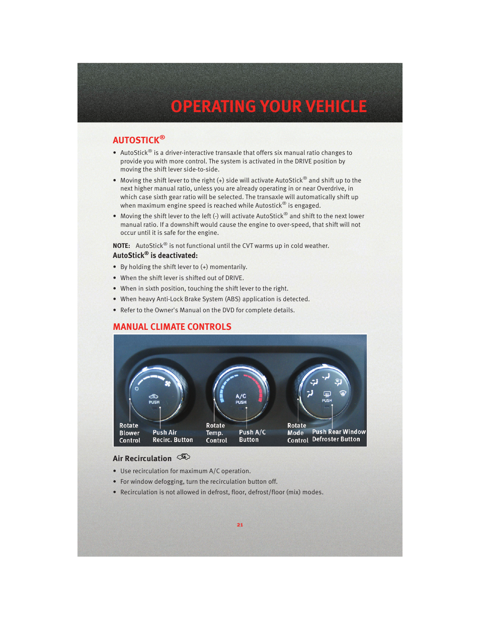 Autostick, Manual climate controls, Air recirculation | Operating your vehicle | Dodge 2010 Caliber - Quick Reference Guide User Manual | Page 23 / 76