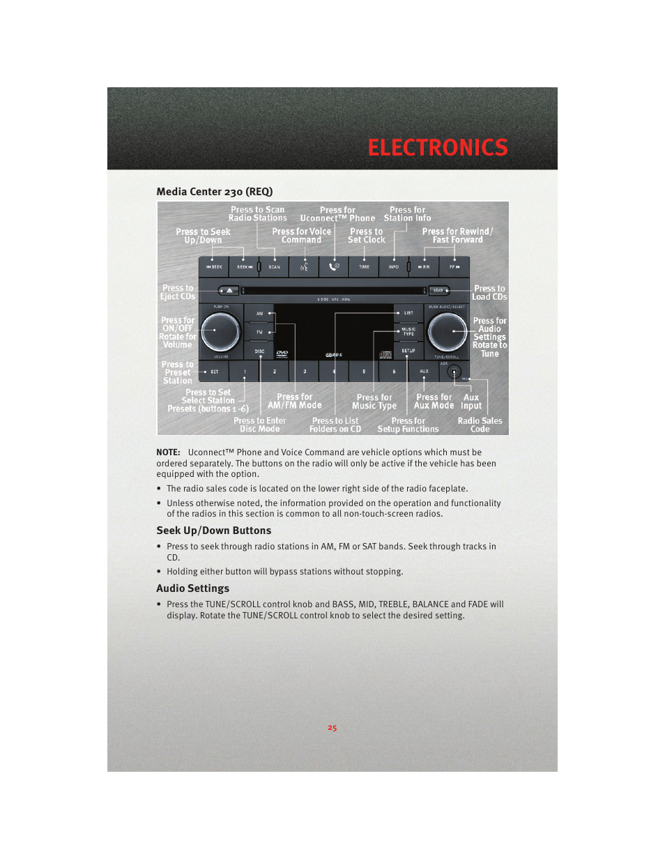 Media center 230 (req), Seek up/down buttons, Audio settings | Electronics | Dodge 2010 Caliber - Quick Reference Guide User Manual | Page 27 / 76