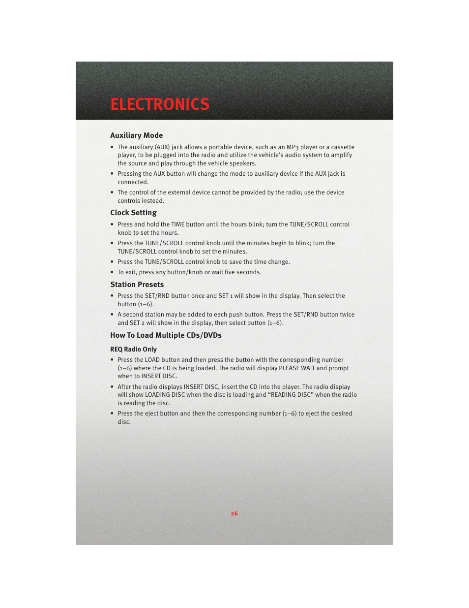 Auxiliary mode, Clock setting, Station presets | How to load multiple cds/dvds, Electronics | Dodge 2010 Caliber - Quick Reference Guide User Manual | Page 28 / 76