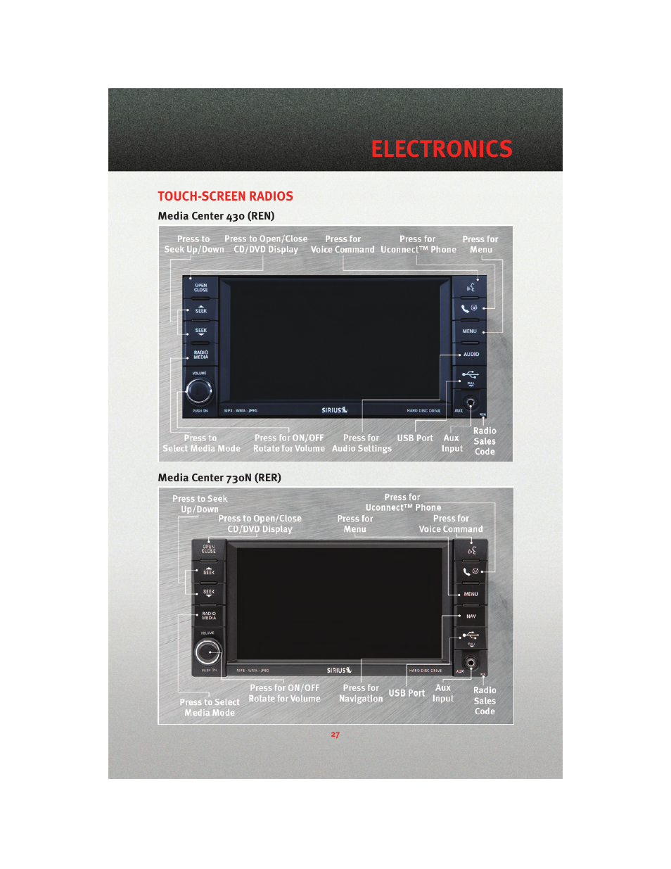 Touch-screen radios, Media center 430 (ren), Media center 730n (rer) | Electronics | Dodge 2010 Caliber - Quick Reference Guide User Manual | Page 29 / 76