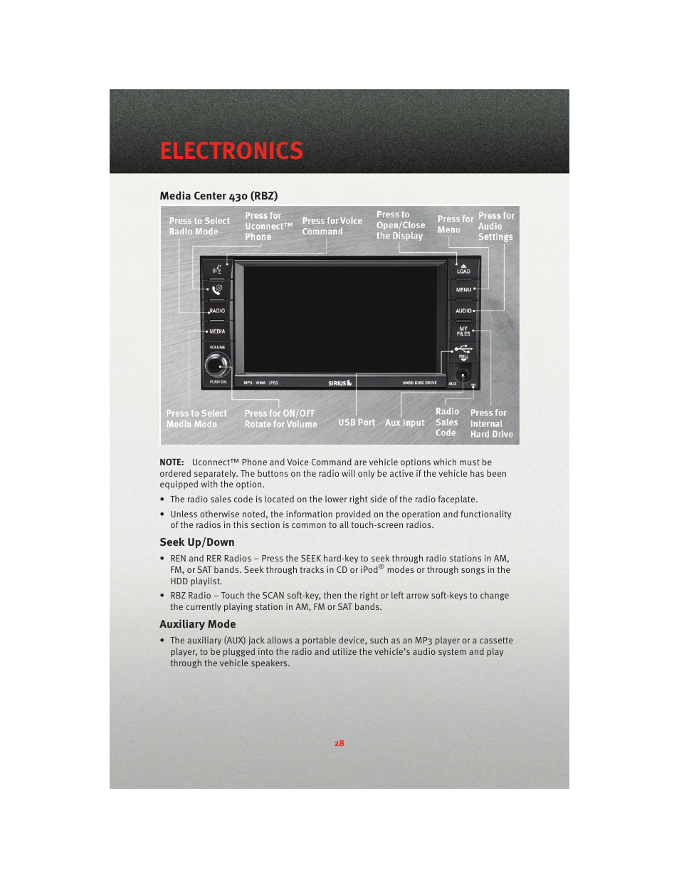 Media center 430 (rbz), Seek up/down, Auxiliary mode | Electronics | Dodge 2010 Caliber - Quick Reference Guide User Manual | Page 30 / 76