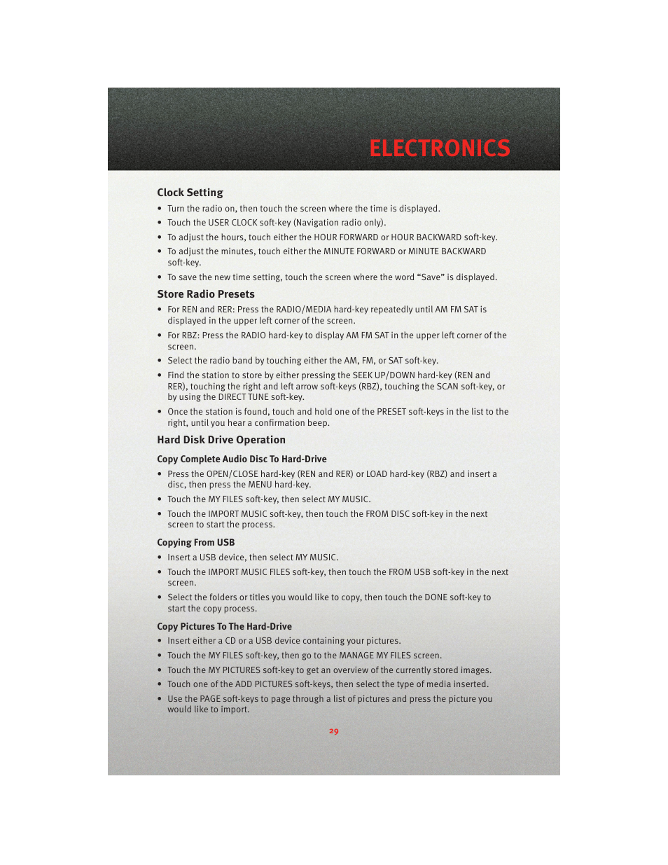 Clock setting, Store radio presets, Hard disk drive operation | Electronics | Dodge 2010 Caliber - Quick Reference Guide User Manual | Page 31 / 76