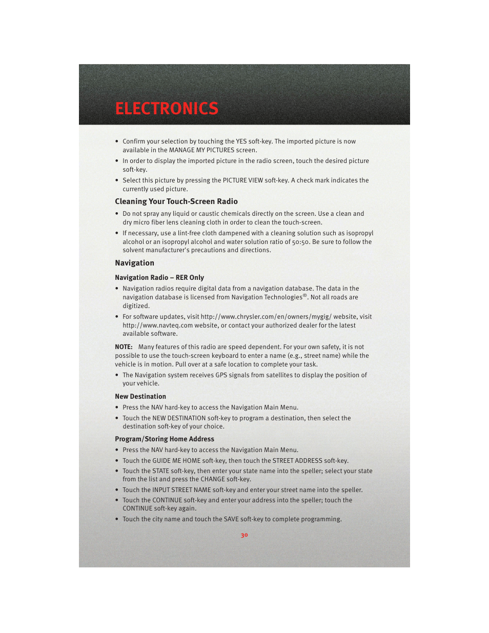 Cleaning your touch-screen radio, Navigation, Electronics | Dodge 2010 Caliber - Quick Reference Guide User Manual | Page 32 / 76