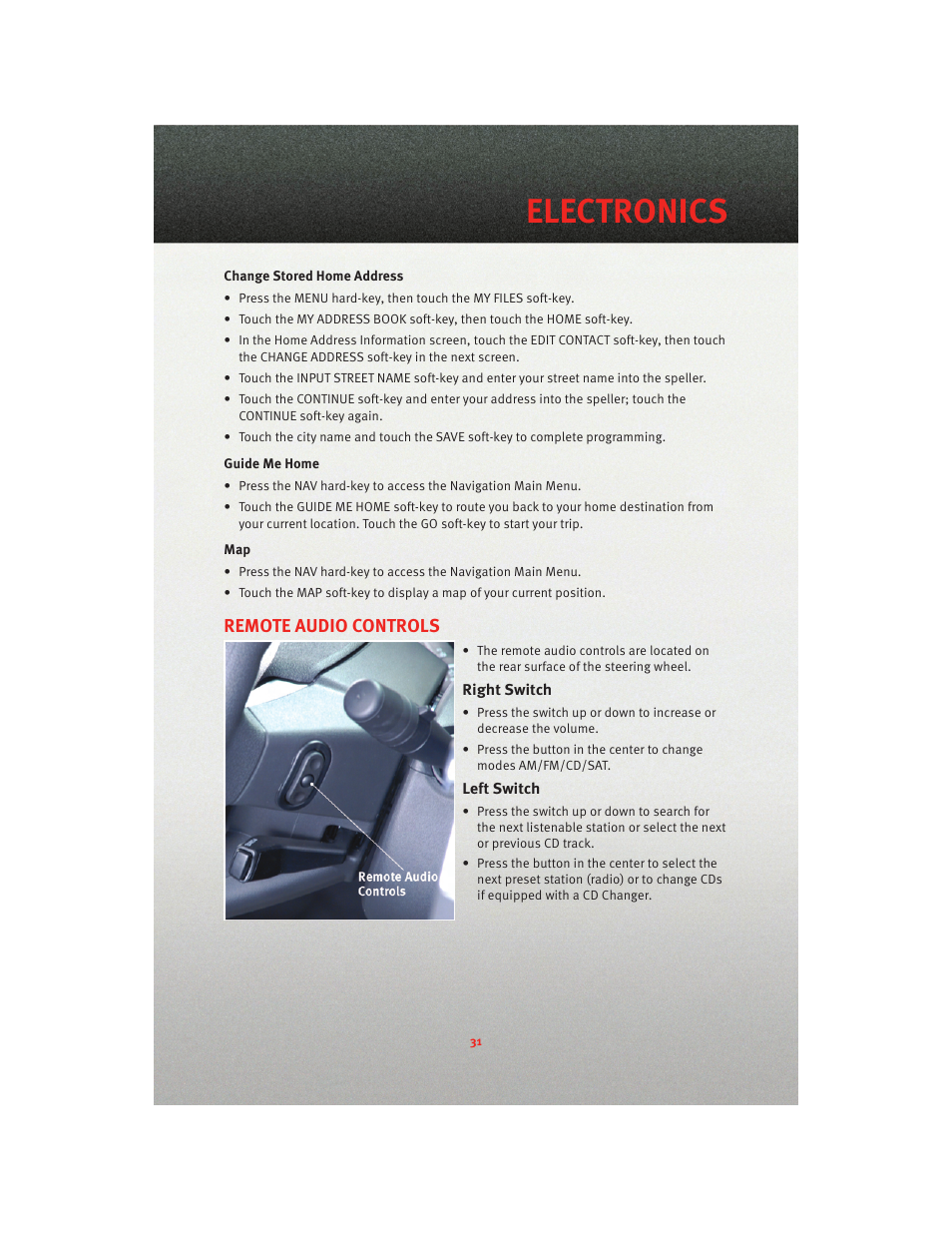 Remote audio controls, Right switch, Left switch | Electronics | Dodge 2010 Caliber - Quick Reference Guide User Manual | Page 33 / 76