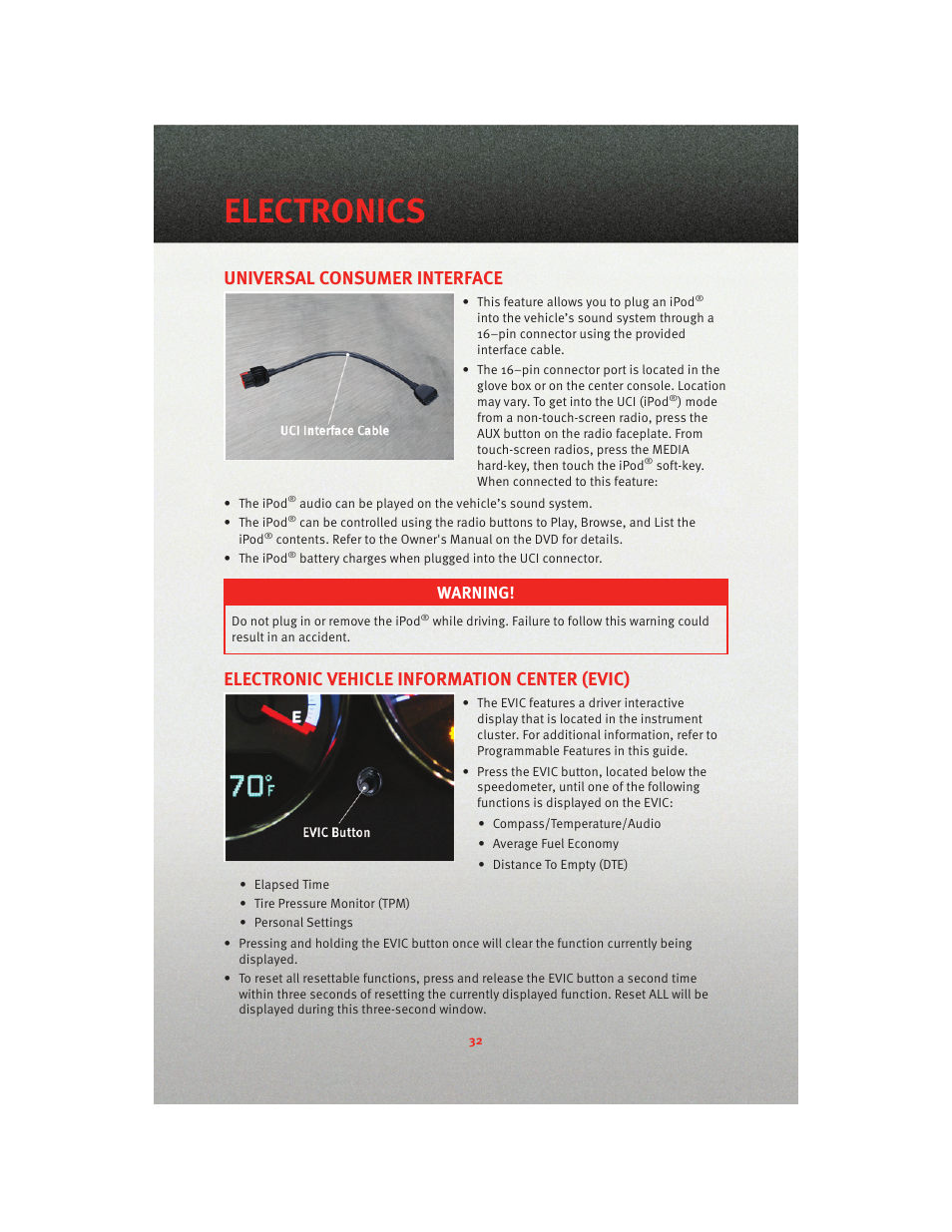 Universal consumer interface, Electronic vehicle information center (evic), Electronics | Warning | Dodge 2010 Caliber - Quick Reference Guide User Manual | Page 34 / 76