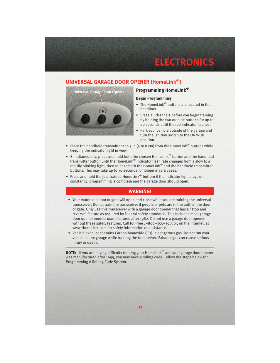 Universal garage door opener (homelink®), Programming homelink, Electronics | Universal garage door opener (homelink, Warning | Dodge 2010 Caliber - Quick Reference Guide User Manual | Page 35 / 76