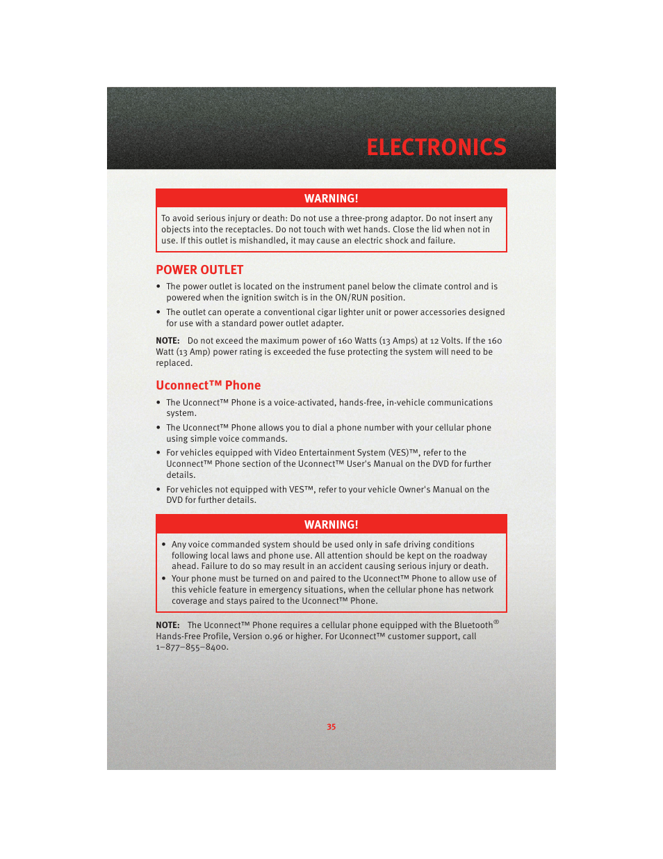 Power outlet, Uconnect™ phone, Electronics | Dodge 2010 Caliber - Quick Reference Guide User Manual | Page 37 / 76