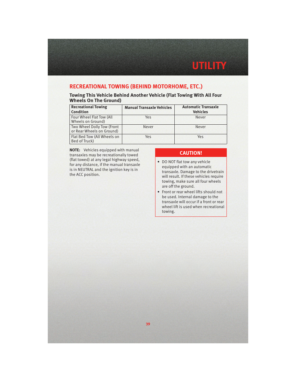 Recreational towing (behind motorhome, etc.), Utility | Dodge 2010 Caliber - Quick Reference Guide User Manual | Page 41 / 76