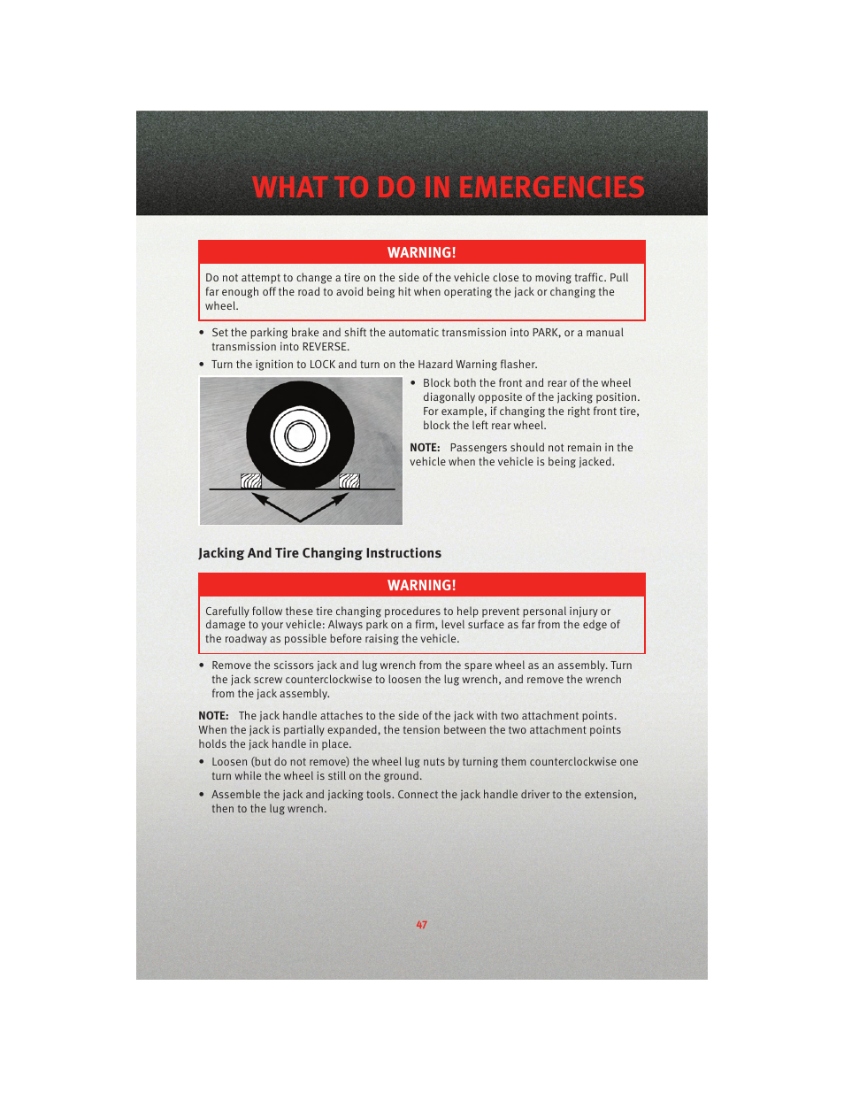 Jacking and tire changing instructions, What to do in emergencies | Dodge 2010 Caliber - Quick Reference Guide User Manual | Page 49 / 76