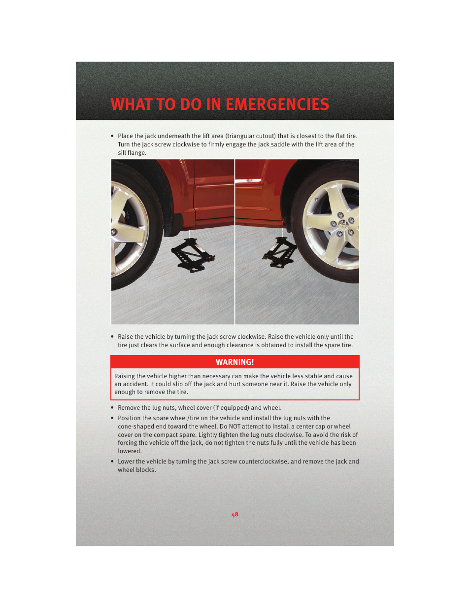 What to do in emergencies | Dodge 2010 Caliber - Quick Reference Guide User Manual | Page 50 / 76