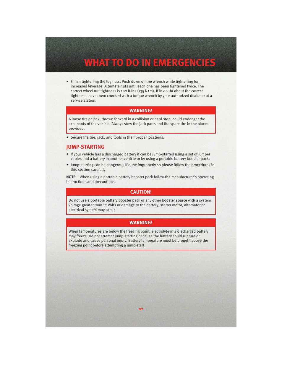 Jump-starting, What to do in emergencies | Dodge 2010 Caliber - Quick Reference Guide User Manual | Page 51 / 76