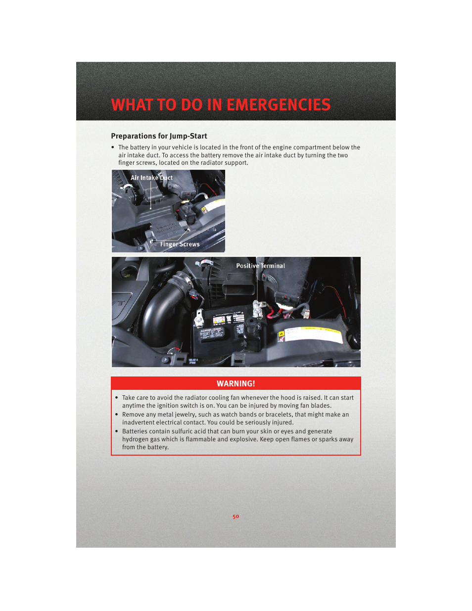 Preparations for jump-start, What to do in emergencies | Dodge 2010 Caliber - Quick Reference Guide User Manual | Page 52 / 76