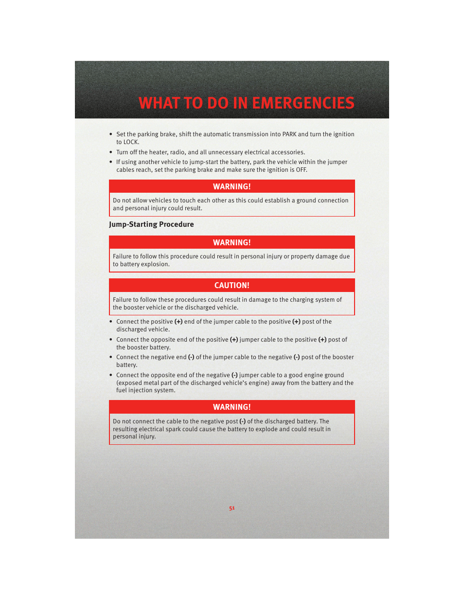 Jump-starting procedure, What to do in emergencies | Dodge 2010 Caliber - Quick Reference Guide User Manual | Page 53 / 76