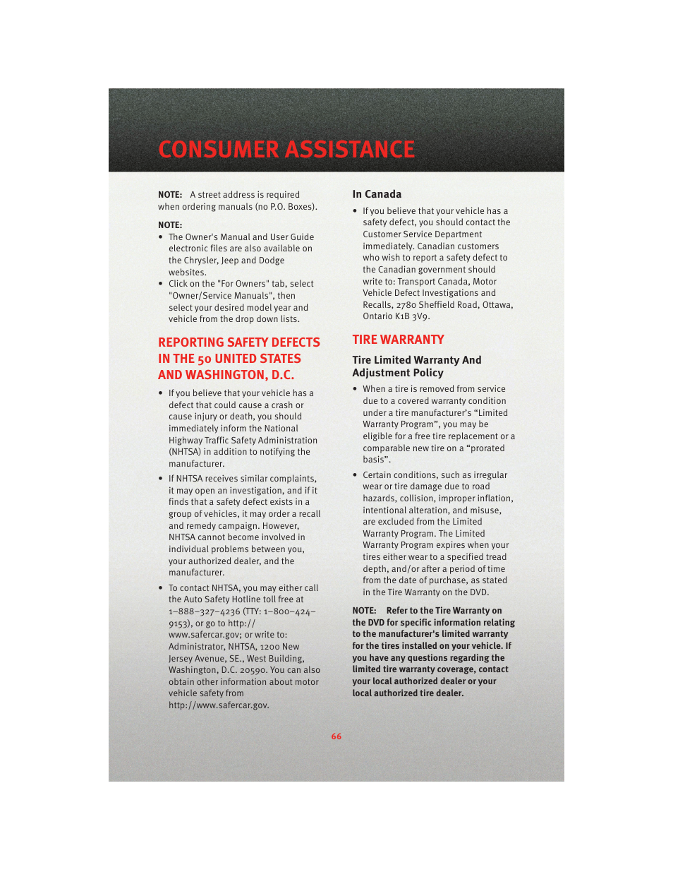 In canada, Tire warranty, Tire limited warranty and adjustment policy | Consumer assistance | Dodge 2010 Caliber - Quick Reference Guide User Manual | Page 68 / 76