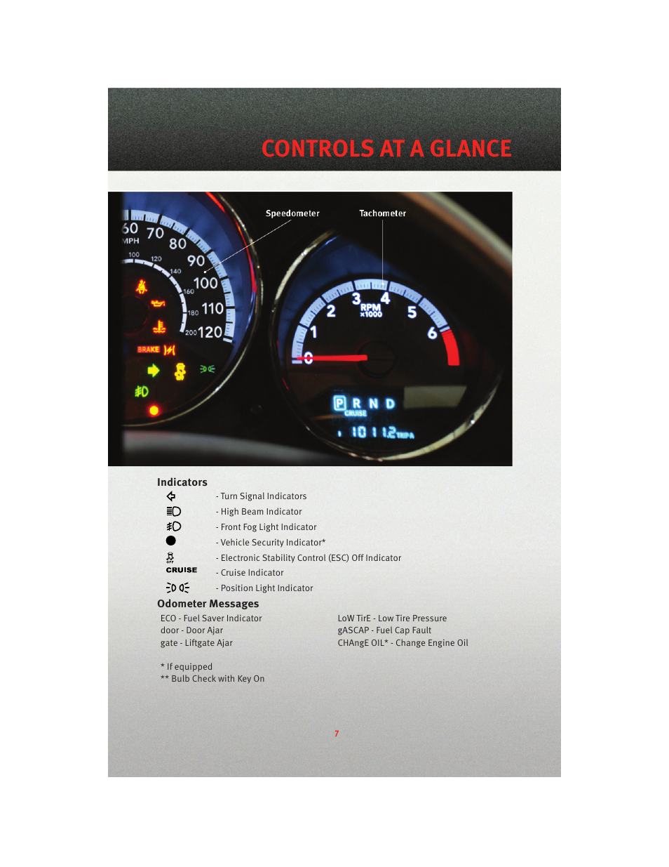 Indicators, Odometer messages, Controls at a glance | Dodge 2010 Caliber - Quick Reference Guide User Manual | Page 9 / 76