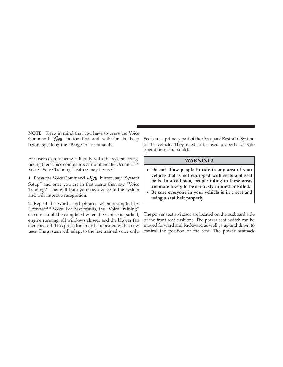 Voice training, Seats, Power seats | Dodge 2010 Challenger - Owner Manual User Manual | Page 120 / 477