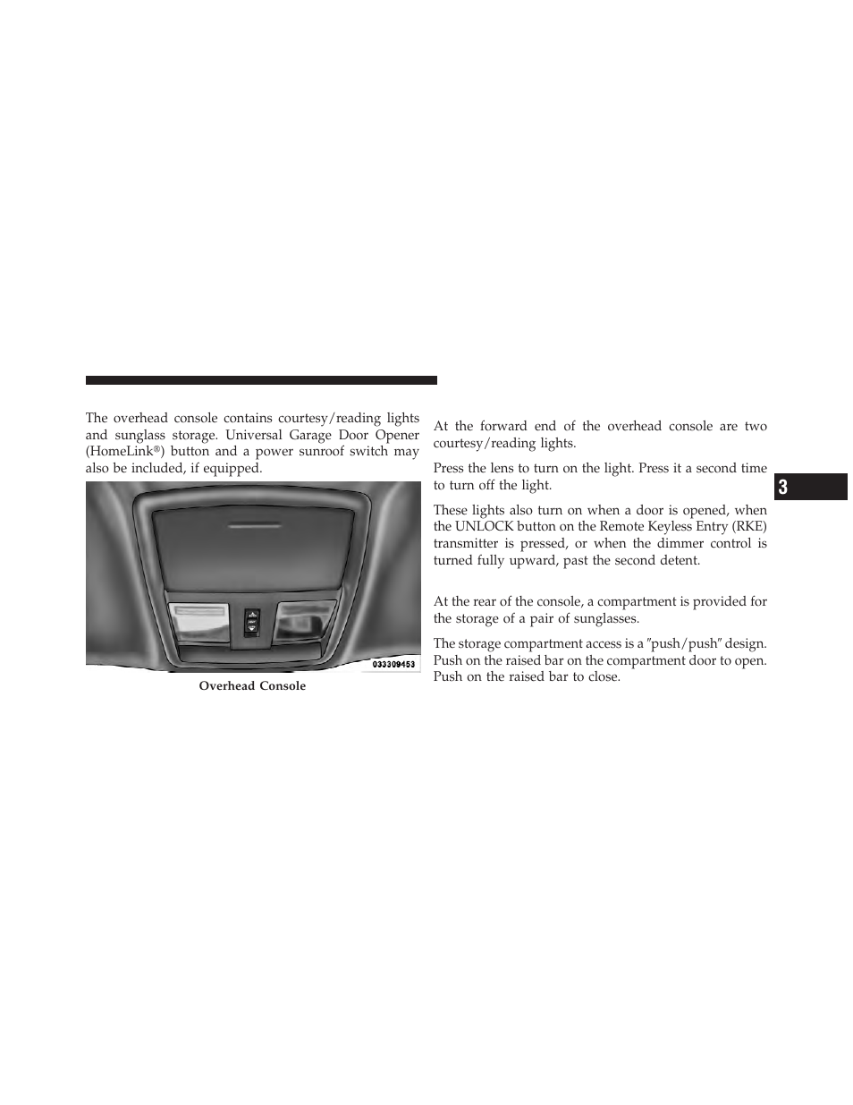Overhead console, Courtesy/reading lights, Sunglasses storage | Dodge 2010 Challenger - Owner Manual User Manual | Page 143 / 477