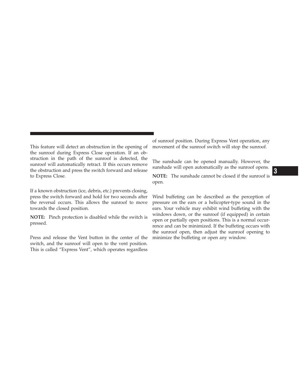 Pinch protect feature, Pinch protect override, Venting sunroof — express | Sunshade operation, Wind buffeting | Dodge 2010 Challenger - Owner Manual User Manual | Page 153 / 477