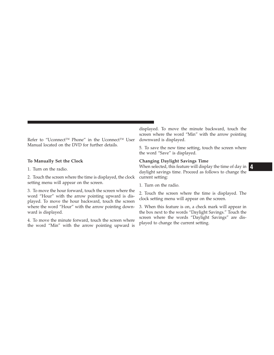 Clock setting procedure — rbz radio, Operating instructions — uconnect™ phone, If equipped | Dodge 2010 Challenger - Owner Manual User Manual | Page 195 / 477