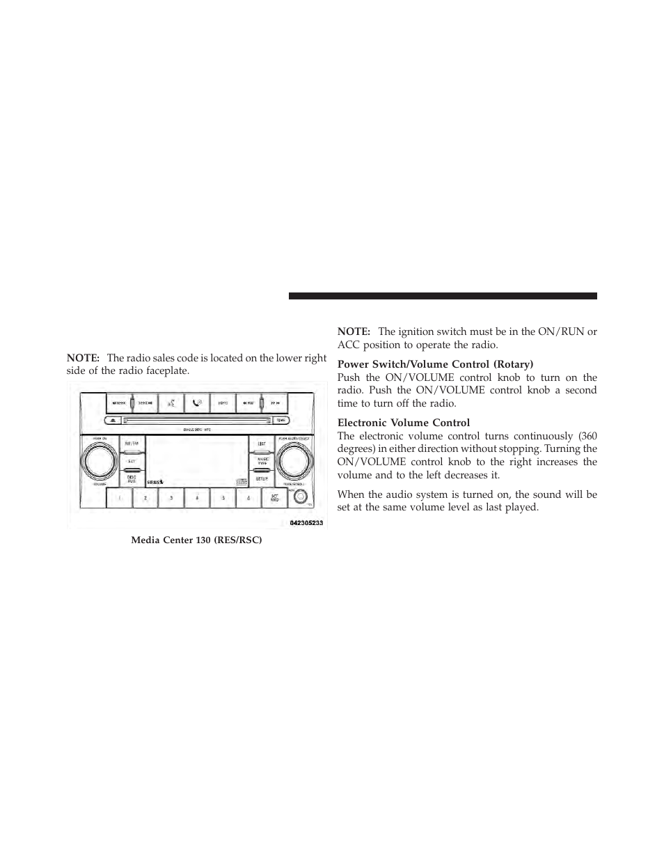 Operating instructions — radio mode, Media center 130 (res/rsc) — am/fm | Dodge 2010 Challenger - Owner Manual User Manual | Page 208 / 477