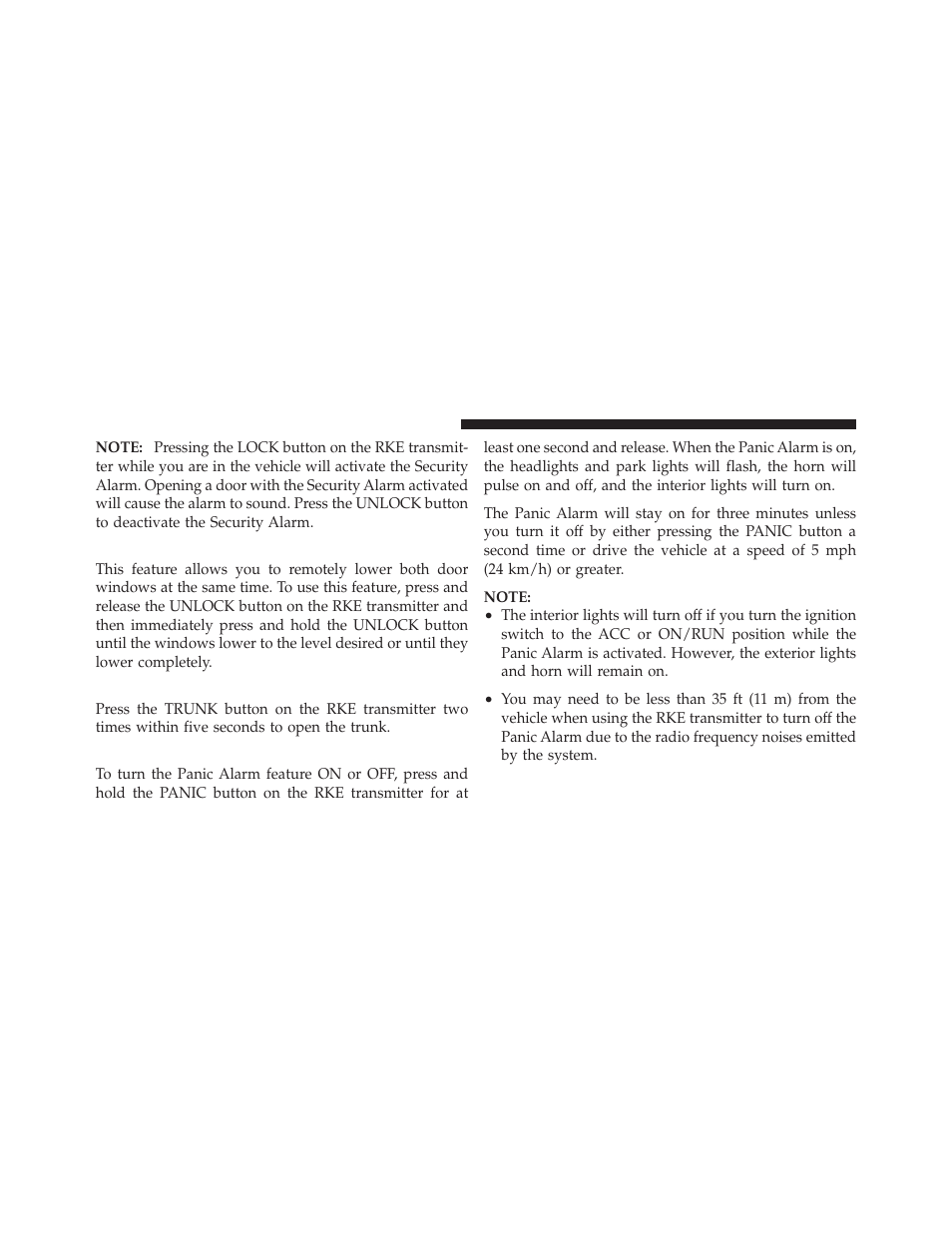 Remote open window feature, To open the trunk, Using the panic alarm | Dodge 2010 Challenger - Owner Manual User Manual | Page 26 / 477