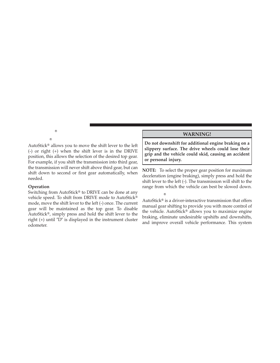 Autostickĥ — if equipped, Autostickĥ — 3.5l engine, Autostickĥ — 5.7l engine | Autostick௡ — if equipped, Autostick௡ — 3.5l engine, Autostick௡ — 5.7l engine | Dodge 2010 Challenger - Owner Manual User Manual | Page 268 / 477