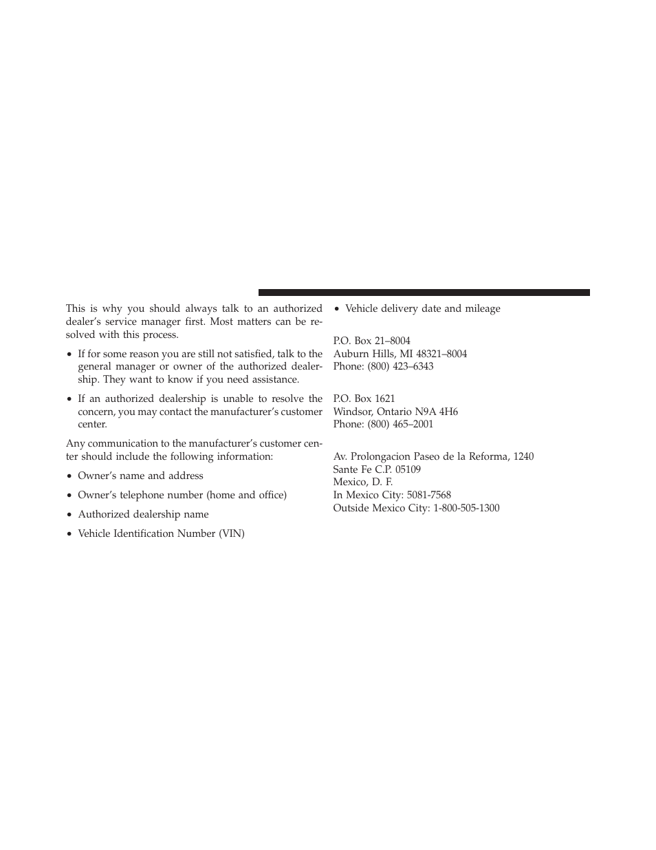 Chrysler group llc customer center, Chrysler canada inc. customer center, In mexico contact | Dodge 2010 Challenger - Owner Manual User Manual | Page 448 / 477