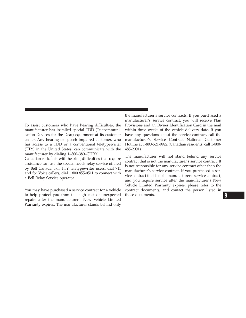 Service contract, Customer assistance for the hearing or, Speech impaired (tdd/tty) | Dodge 2010 Challenger - Owner Manual User Manual | Page 449 / 477