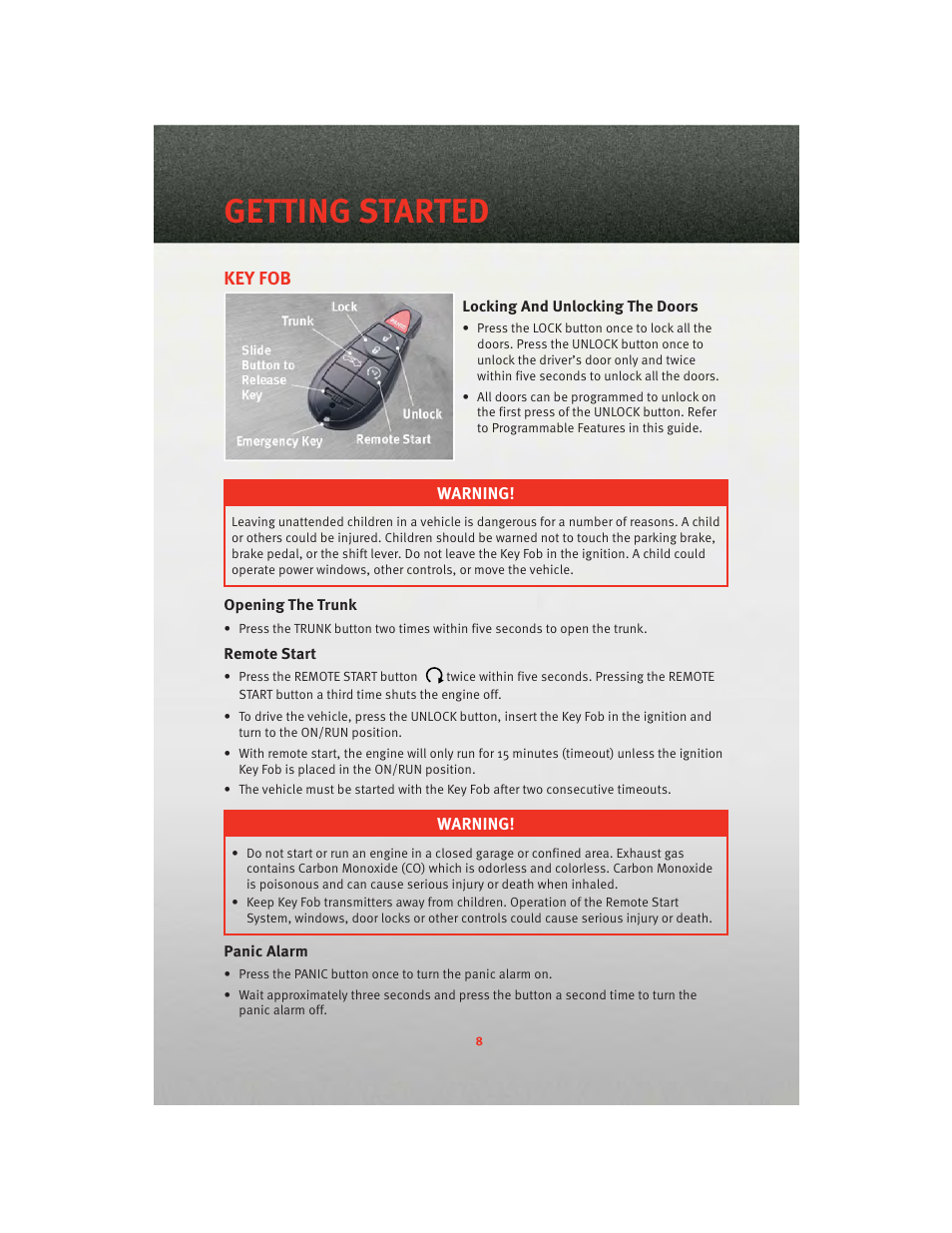 Getting started, Key fob, Locking and unlocking the doors | Opening the trunk, Remote start, Panic alarm | Dodge 2010 Challenger_SRT - Quick Reference Guide User Manual | Page 10 / 80