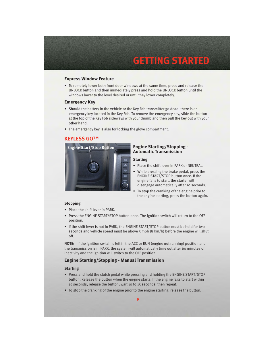 Express window feature, Emergency key, Keyless go | Engine starting/stopping - automatic transmission, Engine starting/stopping - manual transmission, Getting started | Dodge 2010 Challenger_SRT - Quick Reference Guide User Manual | Page 11 / 80