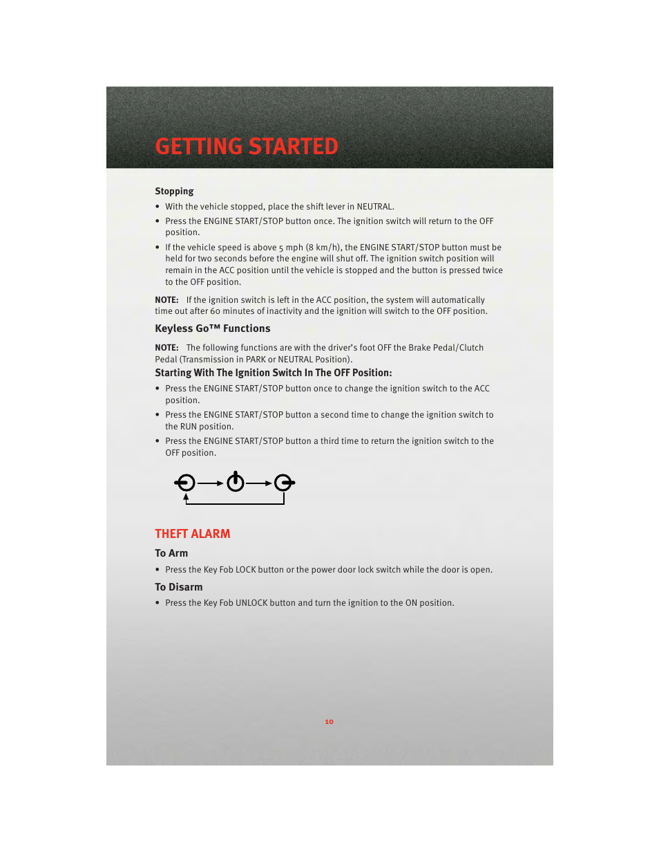 Keyless go™ functions, Theft alarm, To arm | To disarm, Getting started | Dodge 2010 Challenger_SRT - Quick Reference Guide User Manual | Page 12 / 80