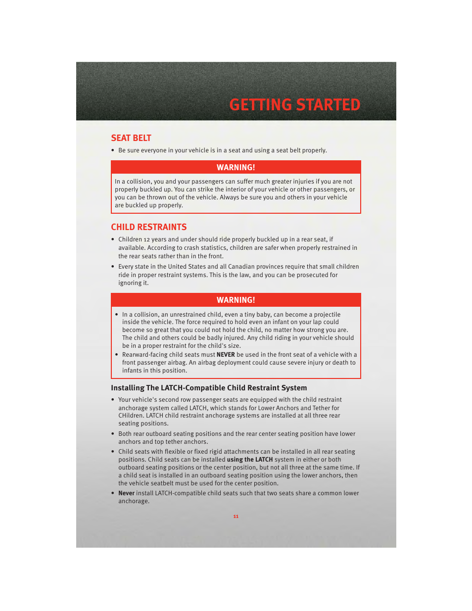 Seat belt, Child restraints, Getting started | Dodge 2010 Challenger_SRT - Quick Reference Guide User Manual | Page 13 / 80